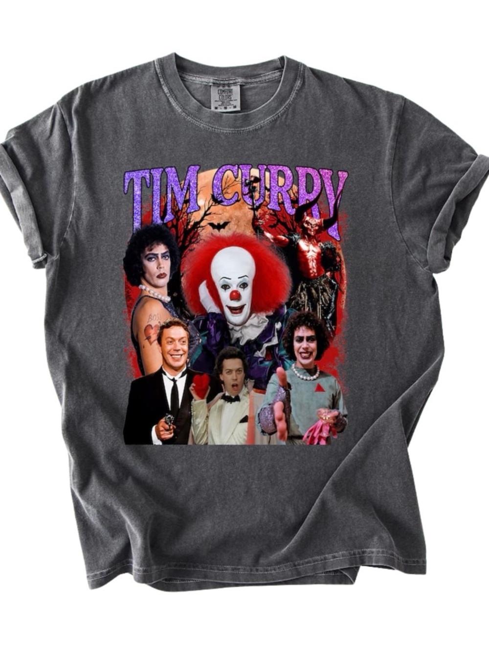 Comfort Colors Pepper Short Sleeve Tee with Multicolor Horror Collage